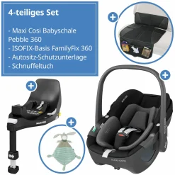 Babyschale Pebble 360 i-Size drehbar ab Geburt - 15 Monate (40 cm - 83 cm) inkl. Isofix-Basis FamilyFix 360, Schutzunterlage & Schmusetuch - Essential Black - Kollektion 2025