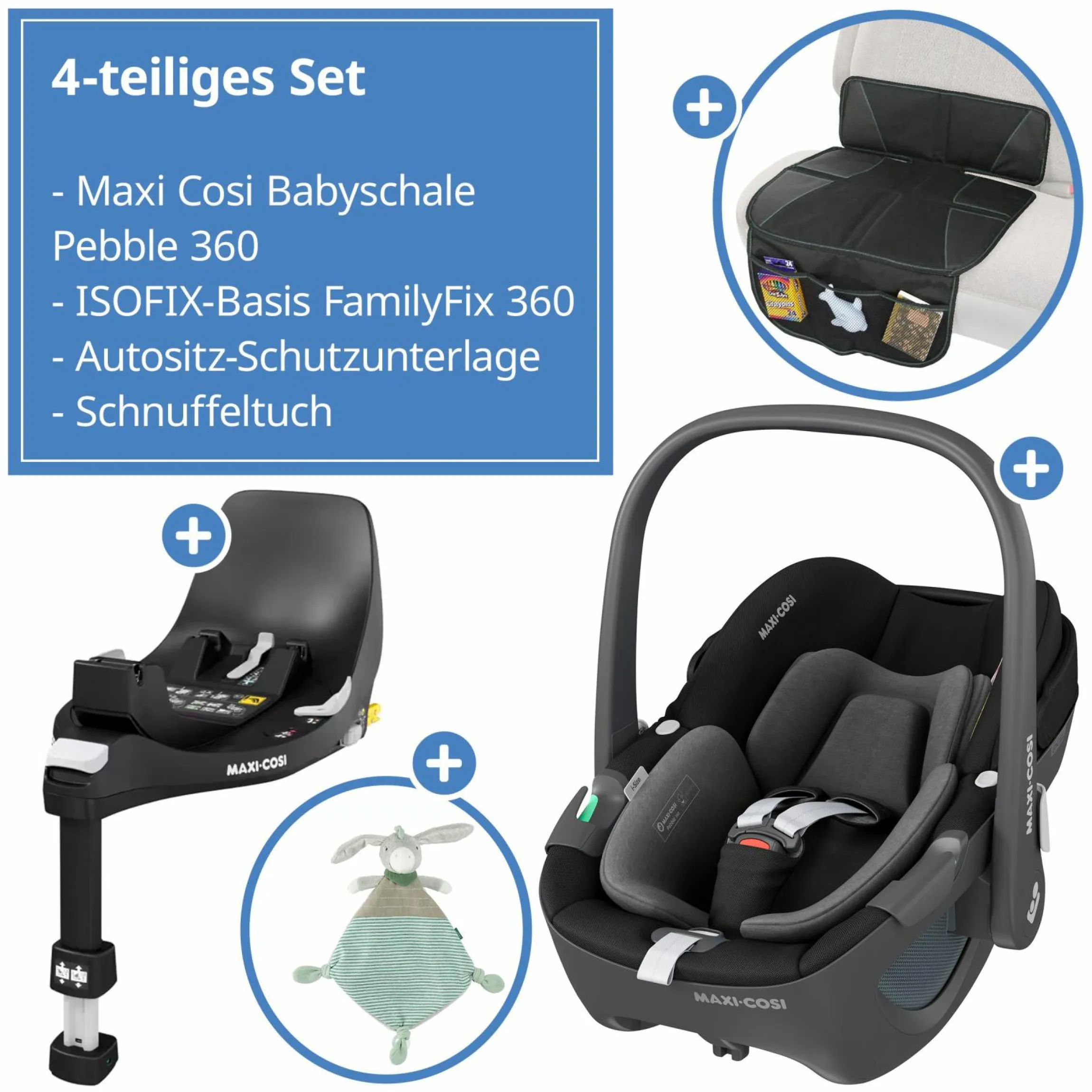 Babyschale Pebble 360 i-Size drehbar ab Geburt - 15 Monate (40 cm - 83 cm) inkl. Isofix-Basis FamilyFix 360, Schutzunterlage & Schmusetuch - Essential Black - Kollektion 2025