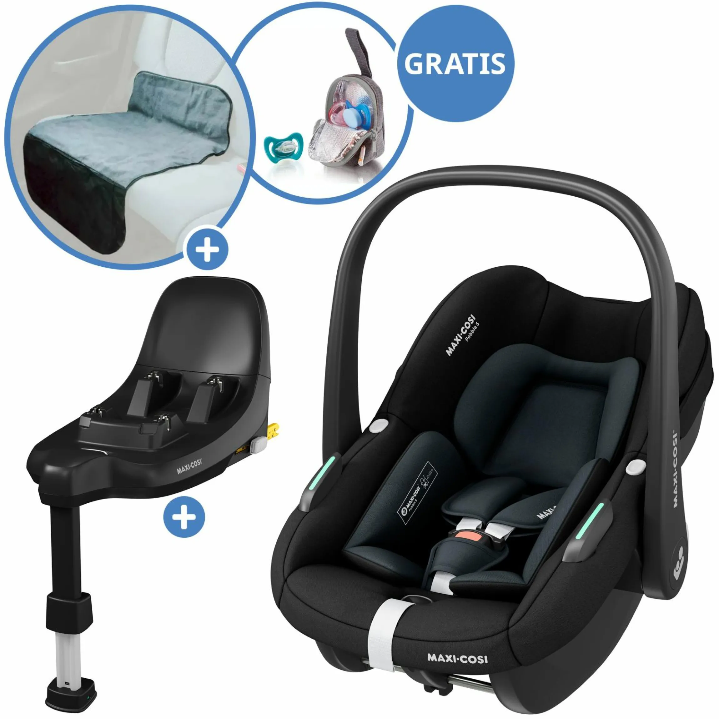 Babyschale Pebble S i-Size ab Geburt - 15 Monate (40 cm - 83 cm) nur 3,4 kg leicht inkl. Isofix-Basis FamilyFix S, Schutzunterlage & Schnullertasche - Tonal Black - Kollektion 2025