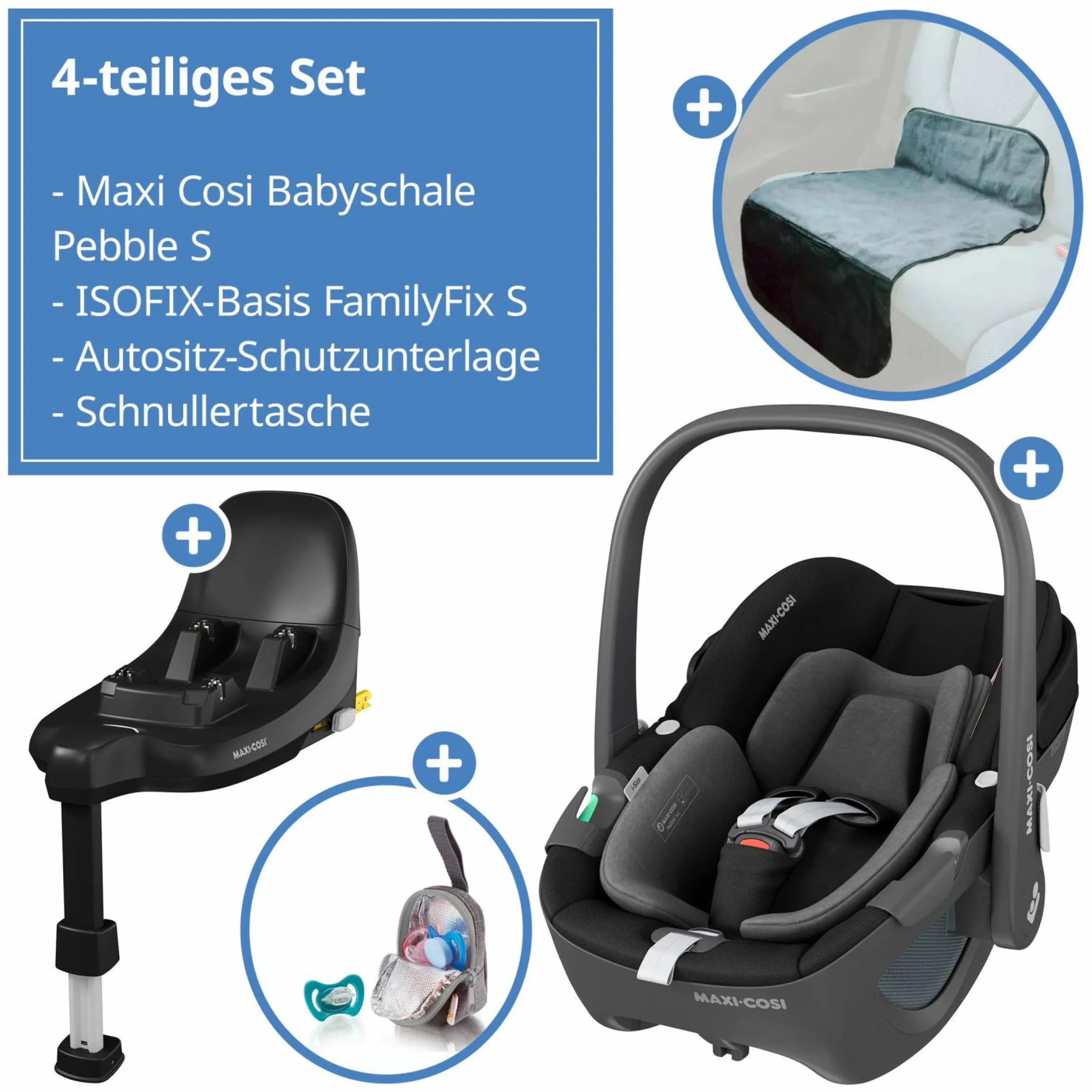 Babyschale Pebble S i-Size ab Geburt - 15 Monate (40 cm - 83 cm) nur 3,4 kg leicht inkl. Isofix-Basis FamilyFix S, Schutzunterlage & Schnullertasche - Tonal Black - Kollektion 2025