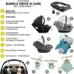 Babyschalen-Set Drive N Care Set i-Size (40 - 87 cm) inkl. Isofix Basis + GRATIS Schutzpaket, Einschlagdecke & Fehn Spielzeug-Set - Patina