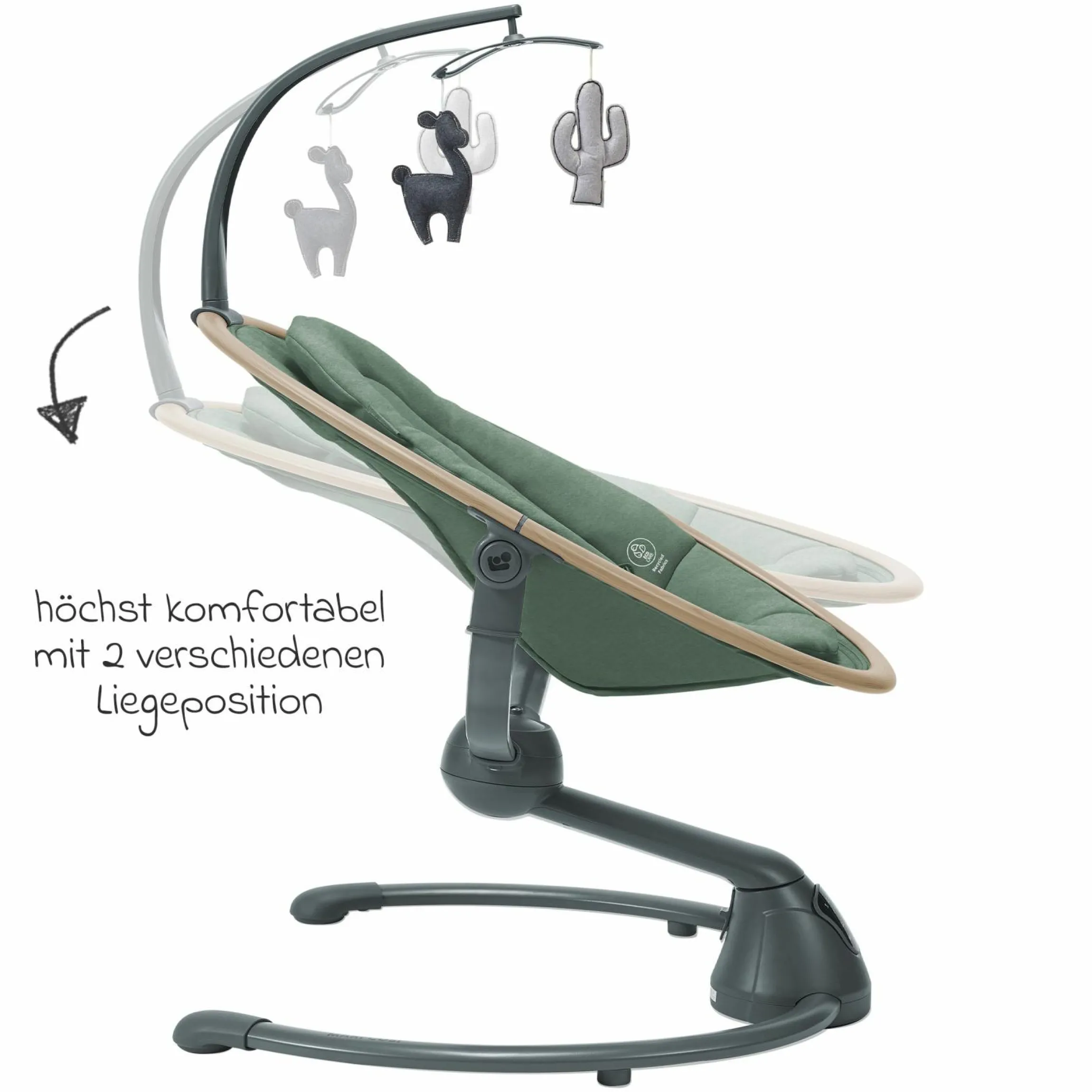 Babyschaukel Cassia Swing nur 4 kg leicht mit 5 Schaukel-Geschwindigkeiten, mehrere Sitz- und Liegepositionen 12 Melodien & 2 Spielzeuge - Beyond Green Eco - Kollektion 2025