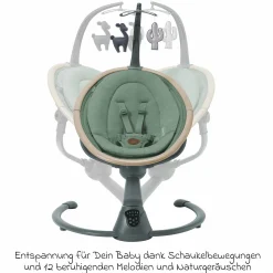 Babyschaukel Cassia Swing nur 4 kg leicht mit 5 Schaukel-Geschwindigkeiten, mehrere Sitz- und Liegepositionen 12 Melodien & 2 Spielzeuge - Beyond Green Eco - Kollektion 2025