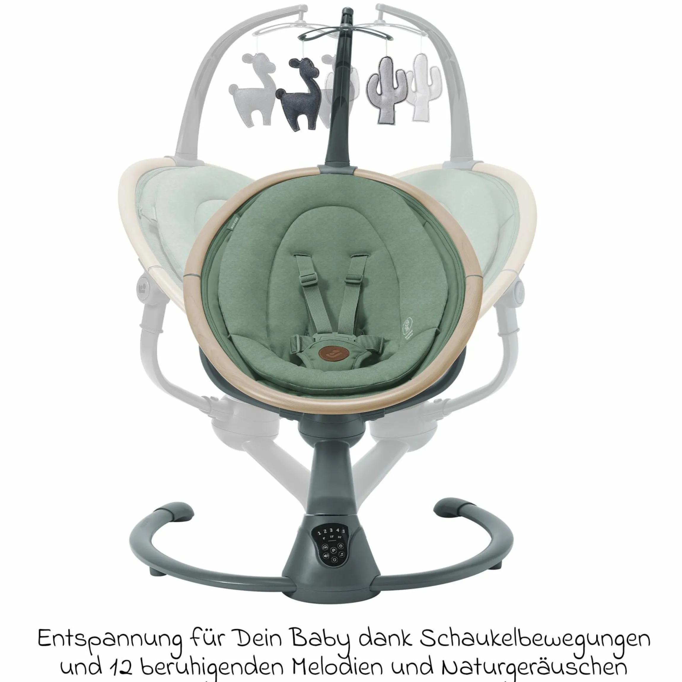 Babyschaukel Cassia Swing nur 4 kg leicht mit 5 Schaukel-Geschwindigkeiten, mehrere Sitz- und Liegepositionen 12 Melodien & 2 Spielzeuge - Beyond Green Eco - Kollektion 2025