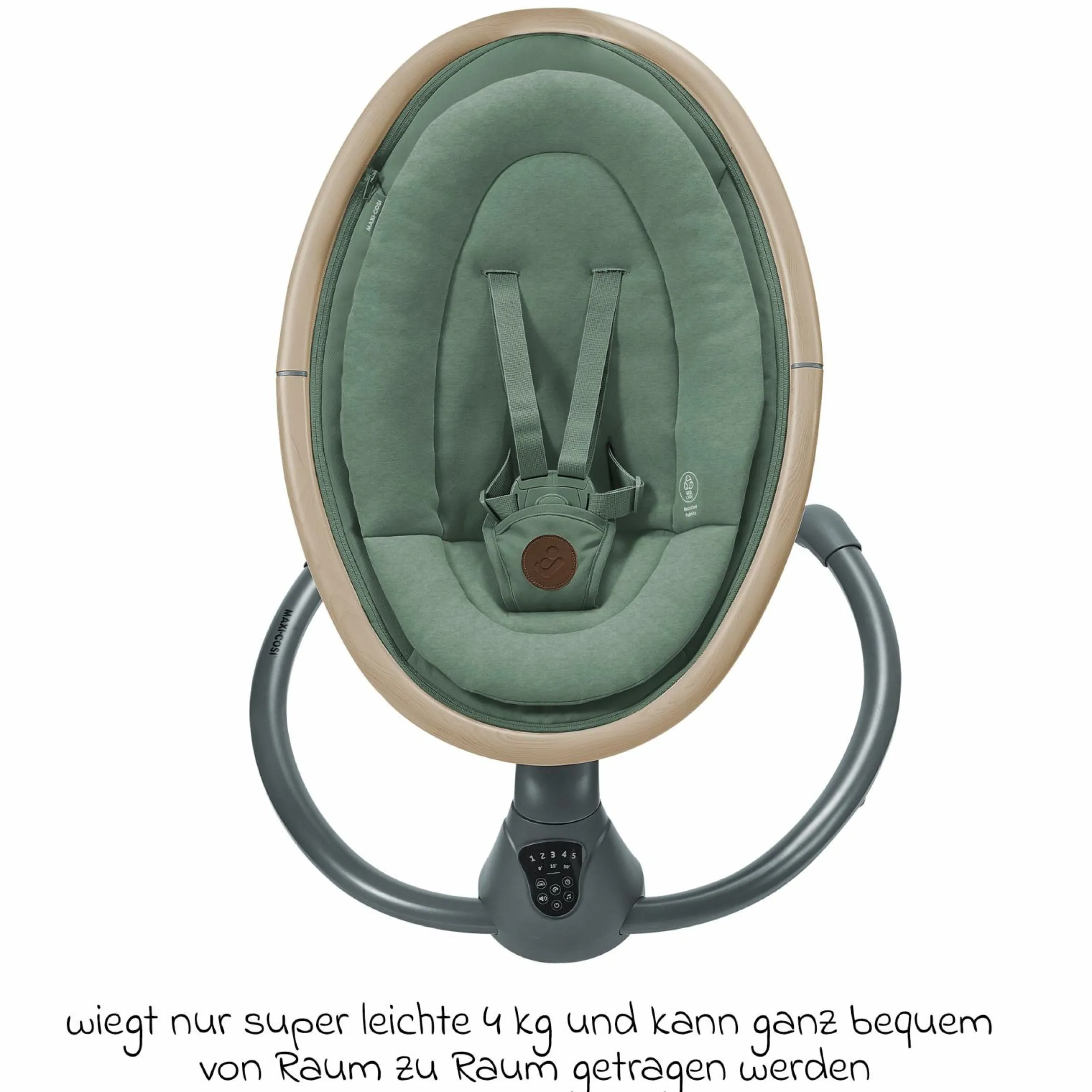 Babyschaukel Cassia Swing nur 4 kg leicht mit 5 Schaukel-Geschwindigkeiten, mehrere Sitz- und Liegepositionen 12 Melodien & 2 Spielzeuge - Beyond Green Eco - Kollektion 2025