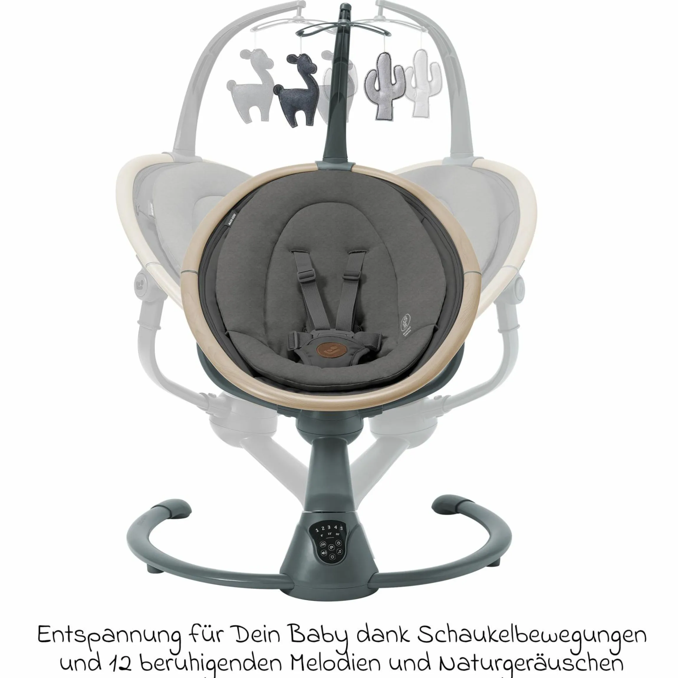 Babyschaukel Cassia Swing nur 4 kg leicht mit 5 Schaukel-Geschwindigkeiten, mehrere Sitz- und Liegepositionen 12 Melodien & 2 Spielzeuge - Beyond Graphite Eco - Kollektion 2025