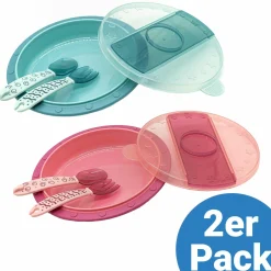 Babyteller zum Mitnehmen inkl. Besteck 2er Pack - Grün & Pink