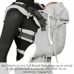 Babytrage DidyFix Fullbuckle ab Geburt - 3,5 kg - 20 kg - Anhock-Spreiz-Haltung, Bauch-, Rücken- und Hüfttrageweise, 100 % kbA-Baumwolle - Siber