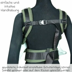 Babytrage DidyFix Fullbuckle ab Geburt - 3,5 kg - 20 kg - Anhock-Spreiz-Haltung, Bauch-, Rücken- und Hüfttrageweise, 100 % kbA-Baumwolle - Olive