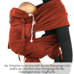 Babytrage DidyKlick 4u Halfbuckle ab Geburt - 3,5 kg - 20 kg - Anhock-Spreiz-Haltung, Bauch-, Rücken- und Hüfttrageweise, 100 % kbA-Baumwolle - Rusty Red