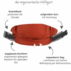Babytrage DidyKlick 4u Halfbuckle ab Geburt - 3,5 kg - 20 kg - Anhock-Spreiz-Haltung, Bauch-, Rücken- und Hüfttrageweise, 100 % kbA-Baumwolle - Rusty Red