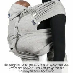 Babytrage DidyKlick 4u Halfbuckle ab Geburt - 3,5 kg - 20 kg - Anhock-Spreiz-Haltung, Bauch-, Rücken- und Hüfttrageweise, 100 % kbA-Baumwolle - Siber