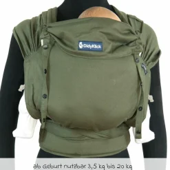 Babytrage DidyKlick 4u Halfbuckle ab Geburt - 3,5 kg - 20 kg - Anhock-Spreiz-Haltung, Bauch-, Rücken- und Hüfttrageweise, 100 % kbA-Baumwolle - Olive