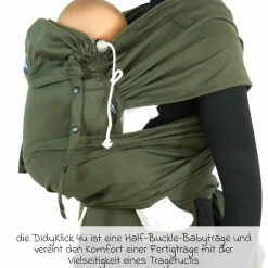 Babytrage DidyKlick 4u Halfbuckle ab Geburt - 3,5 kg - 20 kg - Anhock-Spreiz-Haltung, Bauch-, Rücken- und Hüfttrageweise, 100 % kbA-Baumwolle - Olive