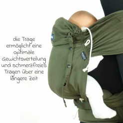 Babytrage DidyKlick 4u Halfbuckle ab Geburt - 3,5 kg - 20 kg - Anhock-Spreiz-Haltung, Bauch-, Rücken- und Hüfttrageweise, 100 % kbA-Baumwolle - Olive