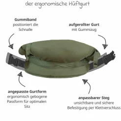 Babytrage DidyKlick 4u Halfbuckle ab Geburt - 3,5 kg - 20 kg - Anhock-Spreiz-Haltung, Bauch-, Rücken- und Hüfttrageweise, 100 % kbA-Baumwolle - Olive