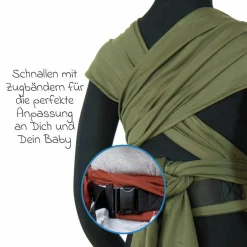 Babytrage DidyKlick 4u Halfbuckle ab Geburt - 3,5 kg - 20 kg - Anhock-Spreiz-Haltung, Bauch-, Rücken- und Hüfttrageweise, 100 % kbA-Baumwolle - Olive