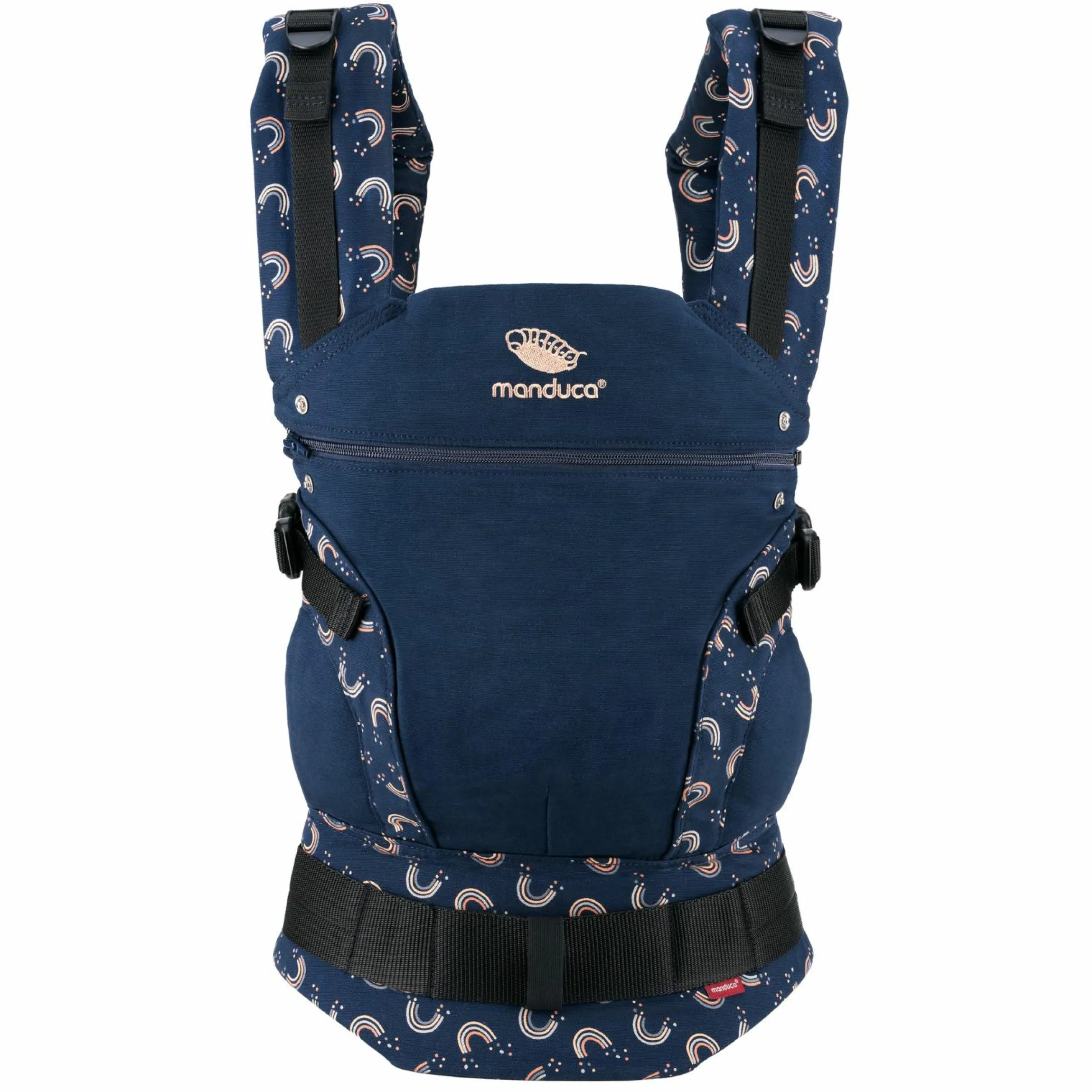 Babytrage First für Neugeborene ab 3,5 kg - 20 kg mit 3 Tragepositionen aus 100% Bio-Baumwolle - RainbowNight - Navy Print
