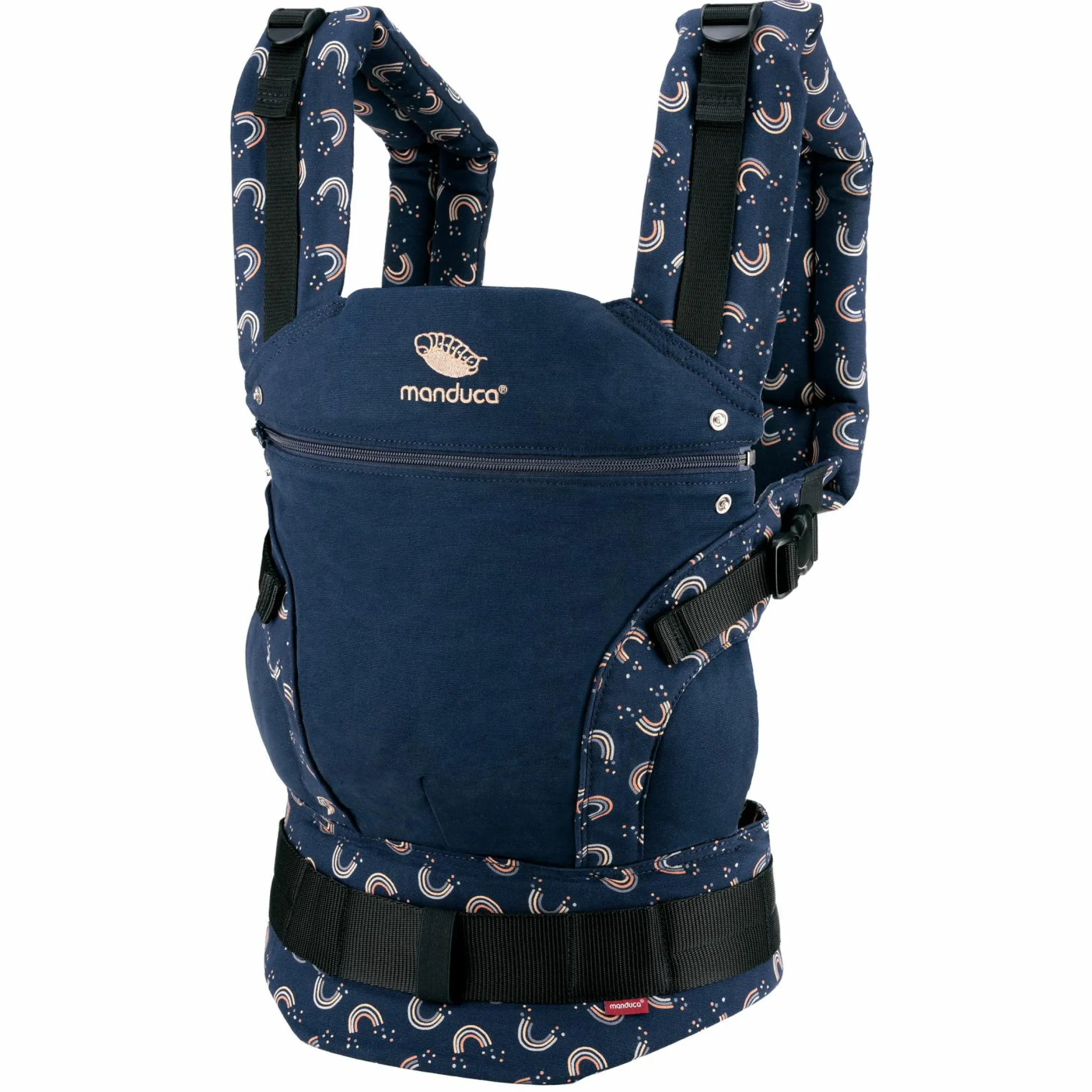 Babytrage First für Neugeborene ab 3,5 kg - 20 kg mit 3 Tragepositionen aus 100% Bio-Baumwolle - RainbowNight - Navy Print