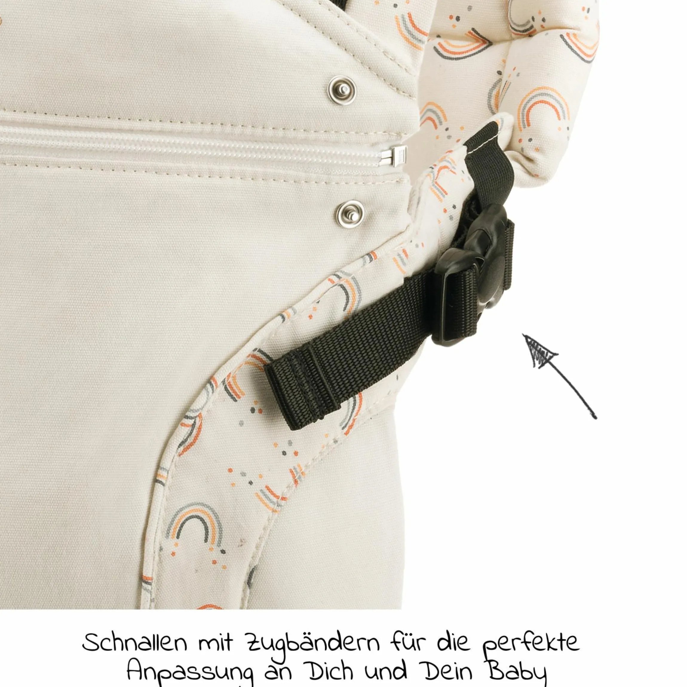Babytrage First für Neugeborene ab 3,5 kg - 20 kg mit 3 Tragepositionen aus 100% Bio-Baumwolle - RainbowDay - Sand Print