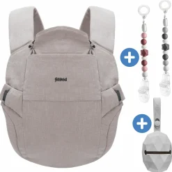 Babytrage Natural ab 3,5 -20 kg für Bauch-, Hüft und Rückentrageposition inkl. Silikon-Schnullerbox Diamant Hellgrau + 2er Set Schnullerketten Grau Beere - Grau