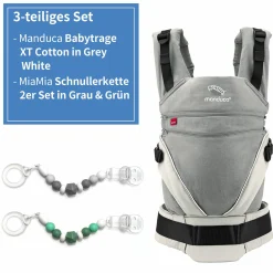 Babytrage-Set XT-Cotton für Neugeborene ab 3,5 kg - 20 kg mit 3 Tragepositionen 100% Bio-Baumwolle inkl. 2 GRATIS Schnullerketten MiaMia Grau Grün - Grey White