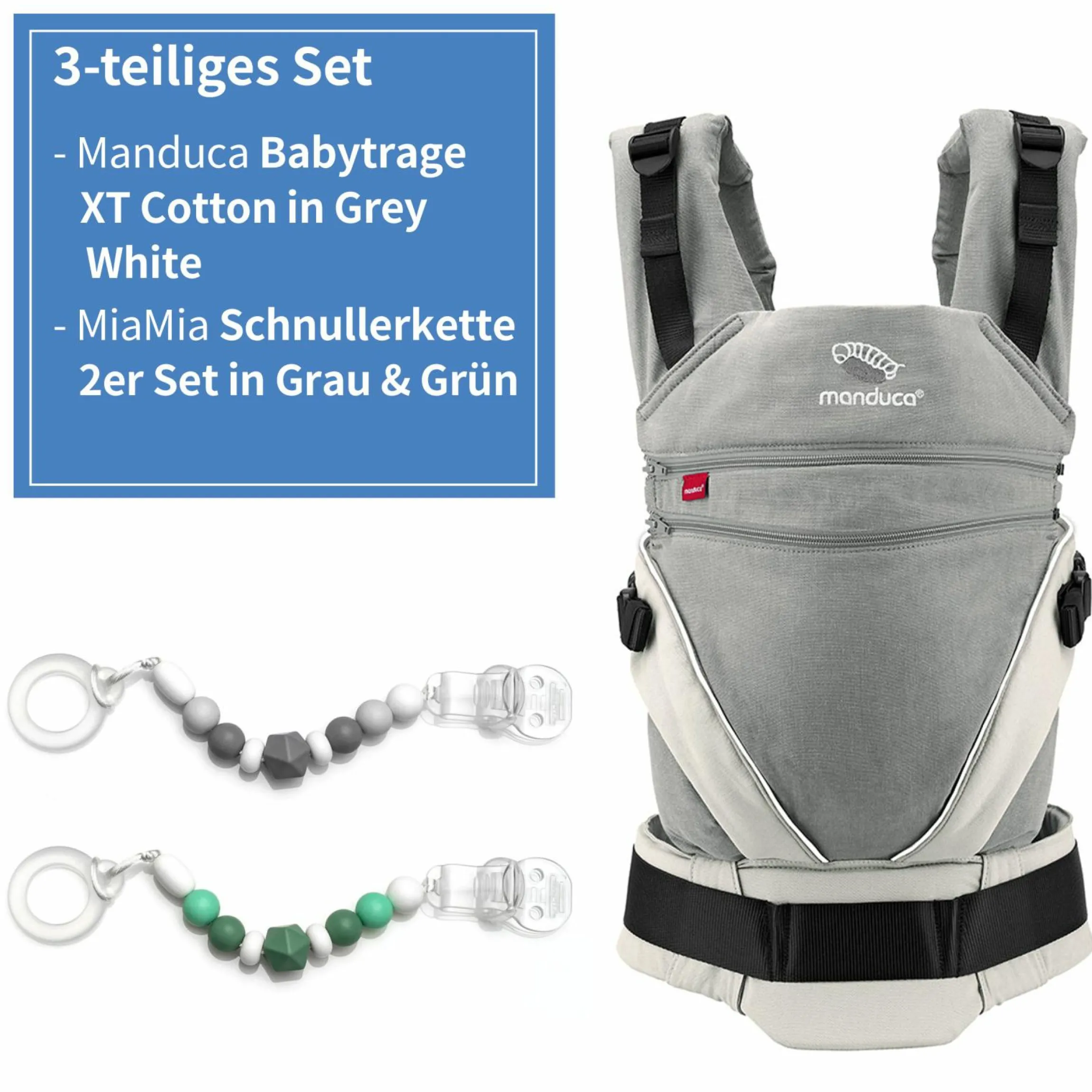 Babytrage-Set XT-Cotton für Neugeborene ab 3,5 kg - 20 kg mit 3 Tragepositionen 100% Bio-Baumwolle inkl. 2 GRATIS Schnullerketten MiaMia Grau Grün - Grey White