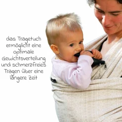 Babytragetuch ab Geburt - 3,5 kg - 20 kg - Anhock-Spreiz-Haltung, Bauch-, Rücken- und Hüfttrageweise, 100 % kbA-Baumwolle 68 x 520 cm - Prima - Natur