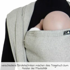 Babytragetuch ab Geburt - 3,5 kg - 20 kg - Anhock-Spreiz-Haltung, Bauch-, Rücken- und Hüfttrageweise, 100 % kbA-Baumwolle 68 x 520 cm - Silber