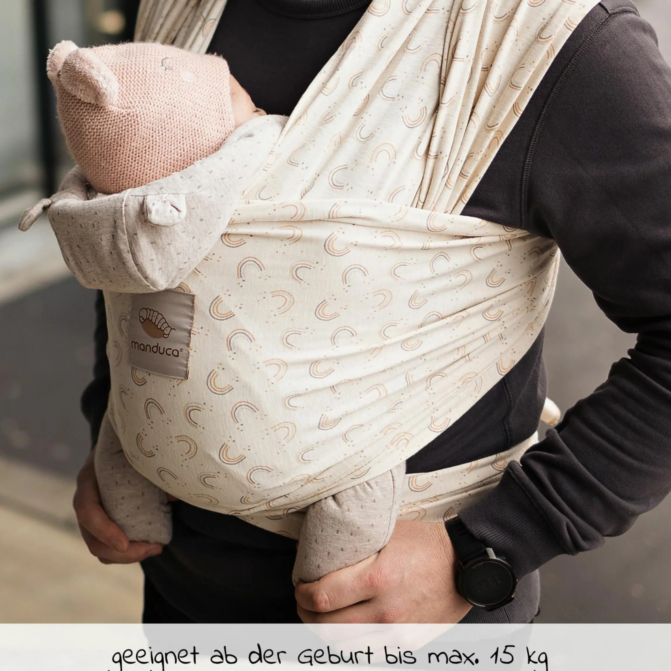 Babytragetuch Sling elastisch 510 x 60 cm für Neugeborene ab 3,5 kg - 15 kg aus 100% Bio-Baumwolle - RainbowDay - Sand Print