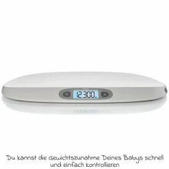 Babywaage BabyCare mit Maßband, ergonomische Wiegeschale, Tarier- und HOLD-Funktion bis 25 kg - Weiß