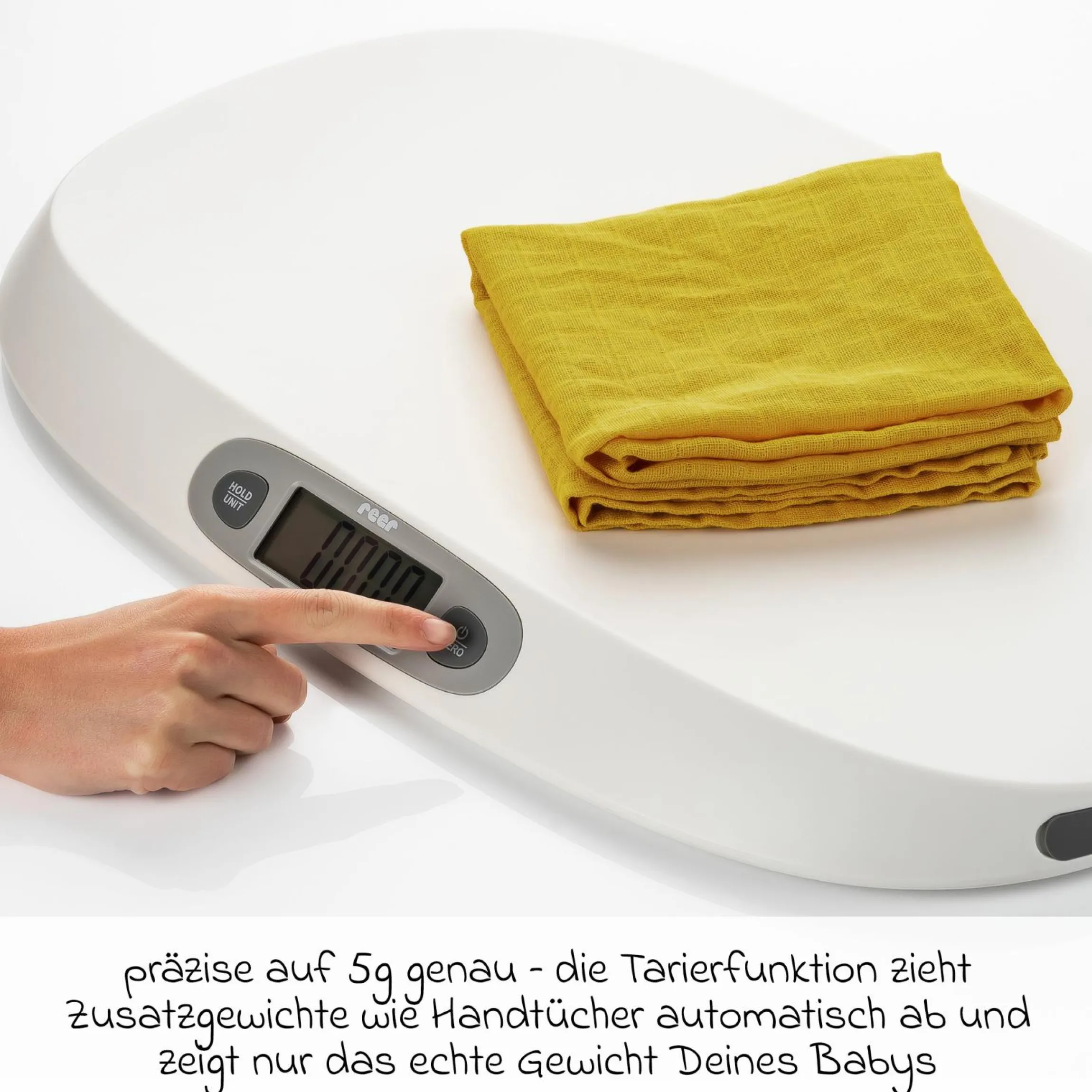 Babywaage BabyCare mit Maßband, ergonomische Wiegeschale, Tarier- und HOLD-Funktion bis 25 kg - Weiß