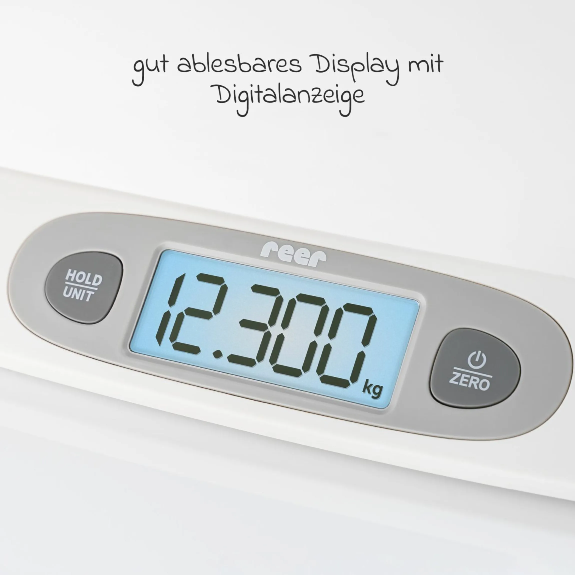 Babywaage BabyCare mit Maßband, ergonomische Wiegeschale, Tarier- und HOLD-Funktion bis 25 kg - Weiß