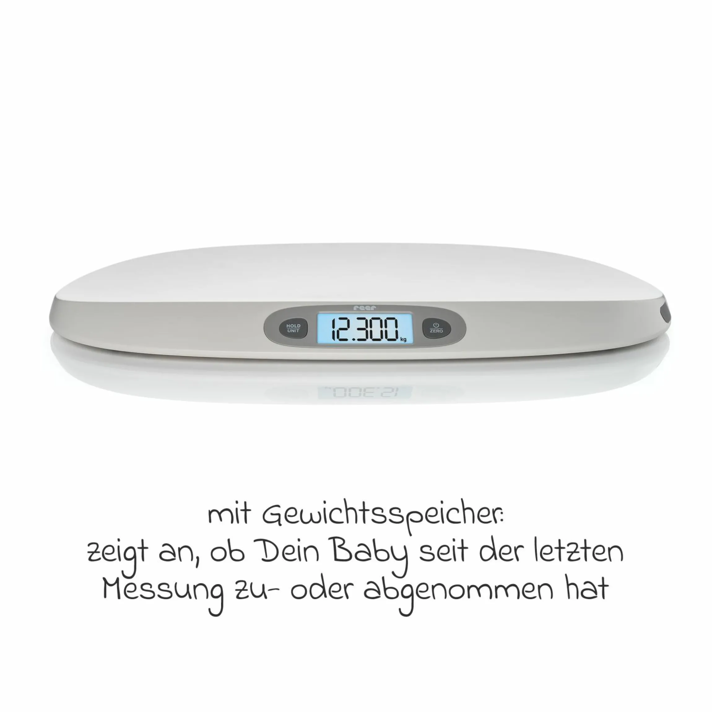 Babywaage BabyCare mit Maßband, ergonomische Wiegeschale, Tarier- und HOLD-Funktion bis 25 kg - Weiß