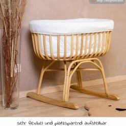 Babywiege / Stubenbett Rattan 80x40 mit Schaukelkufen inkl. Matratze + Nestchen - Ecru
