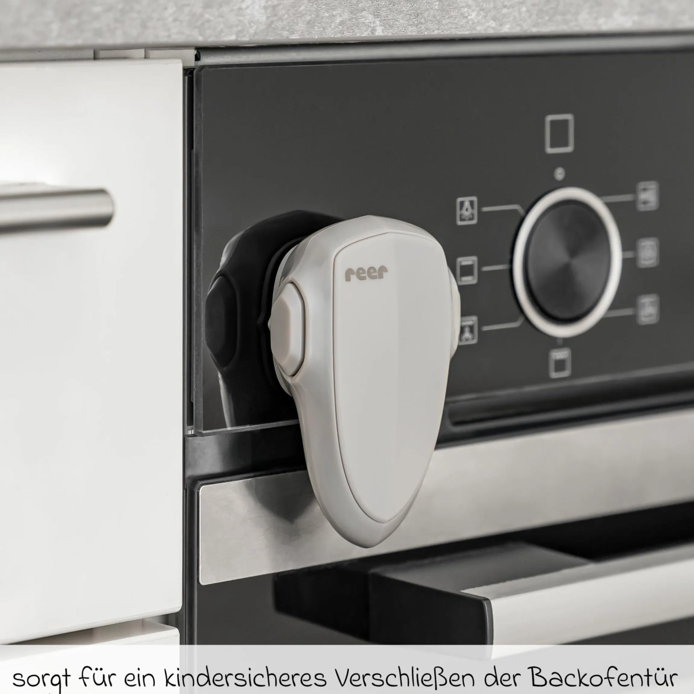 Backofen-Kindersicherung zum Verschließen der Backofentür - Grau - Kollektion 2024