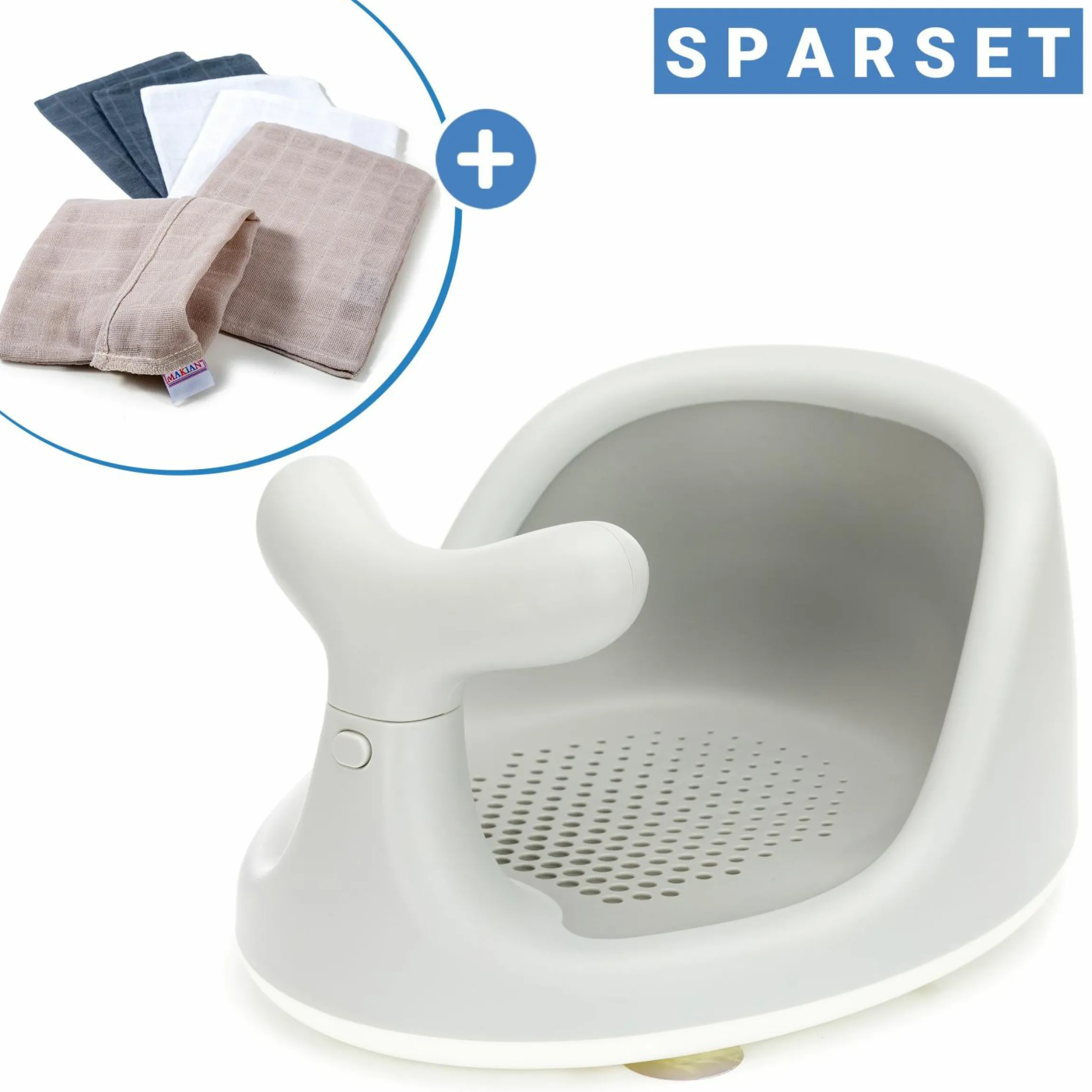 Badewannensitz Wal in ergonomischem Design mit rutschfesten Saugnäpfen inkl. 6er Pack Waschhandschuhe - Grau