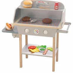 BBQ Grill mit Grillzange, Holz-Ketchupflasche inkl. 14 tlg Stoff-Zubehör - Grau Braun - Kollektion 2025