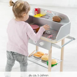 BBQ Grill mit Grillzange, Holz-Ketchupflasche inkl. 14 tlg Stoff-Zubehör - Grau Braun - Kollektion 2025