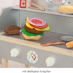 BBQ Grill mit Grillzange, Holz-Ketchupflasche inkl. 14 tlg Stoff-Zubehör - Grau Braun - Kollektion 2025