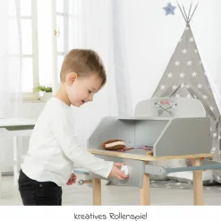 BBQ Grill mit Grillzange, Holz-Ketchupflasche inkl. 14 tlg Stoff-Zubehör - Grau Braun - Kollektion 2025
