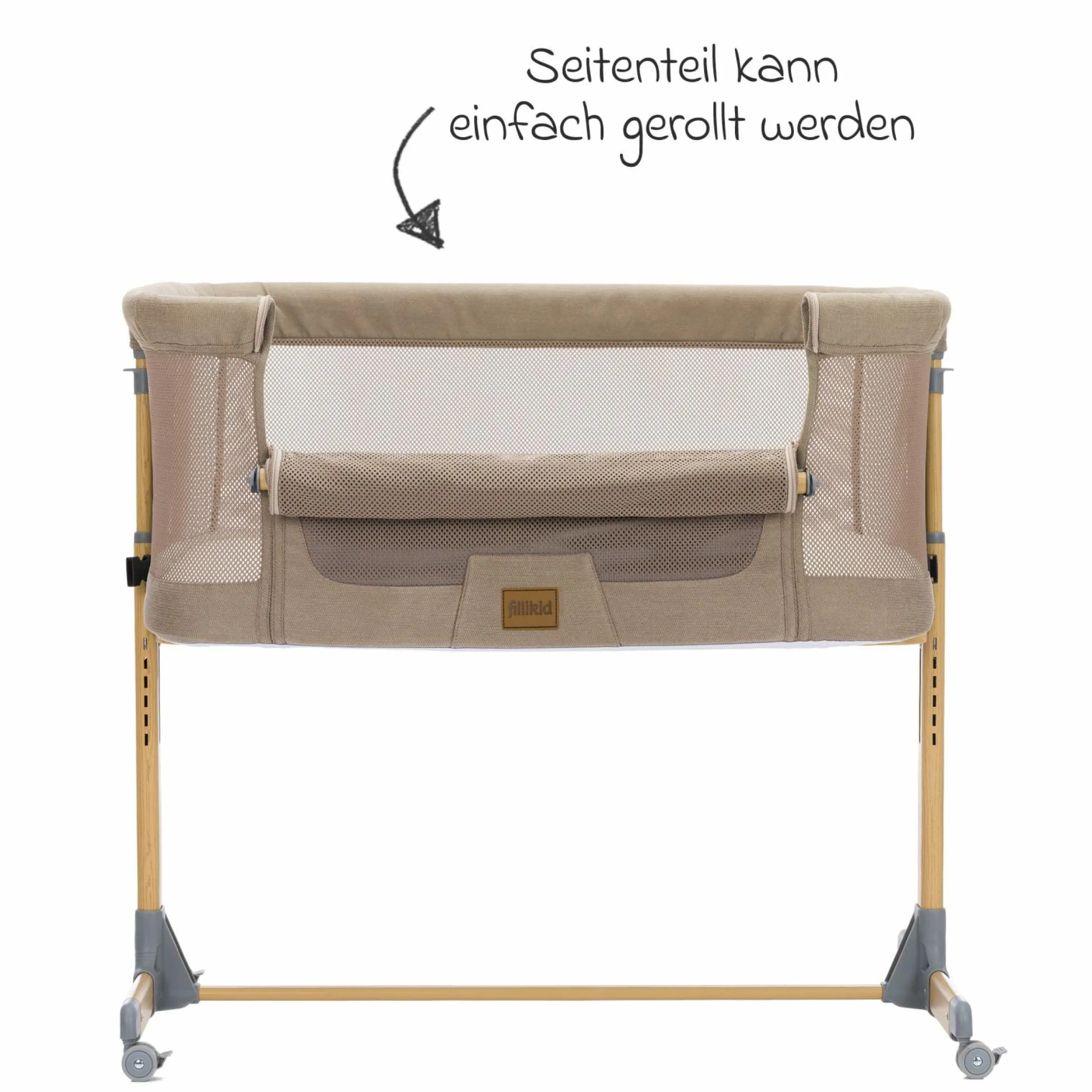 Beistellbett Crip 6-fach höhenverstellbar mit Netzstoff für optimale Luftzirkulation & 4 Rollen - Caramel