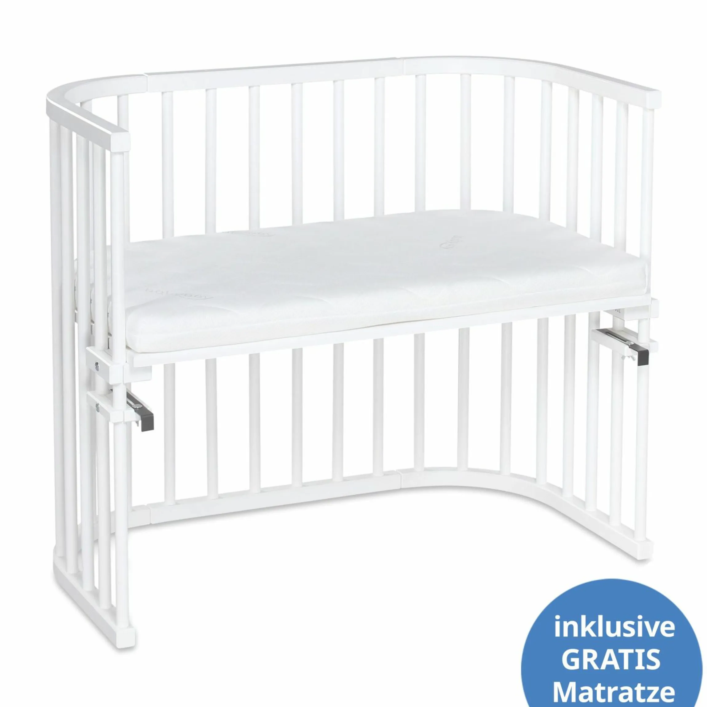 Beistellbett Maxi extra groß - auch für Zwillinge inkl. Gratis Matratze Classic Soft - Weiß lackiert - Kollektion 2024