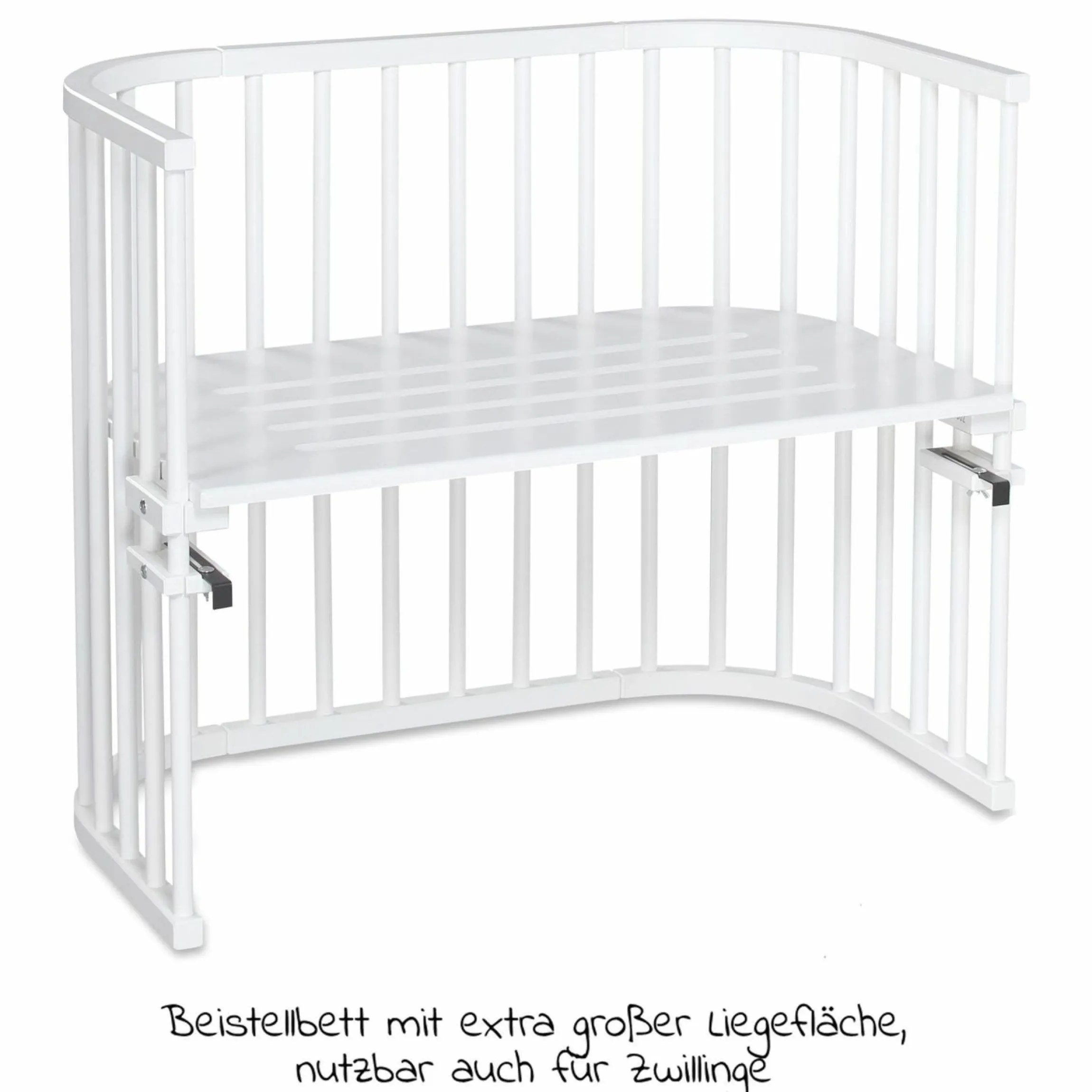 Beistellbett Maxi extra groß - auch für Zwillinge inkl. Gratis Matratze Classic Soft - Weiß lackiert - Kollektion 2024