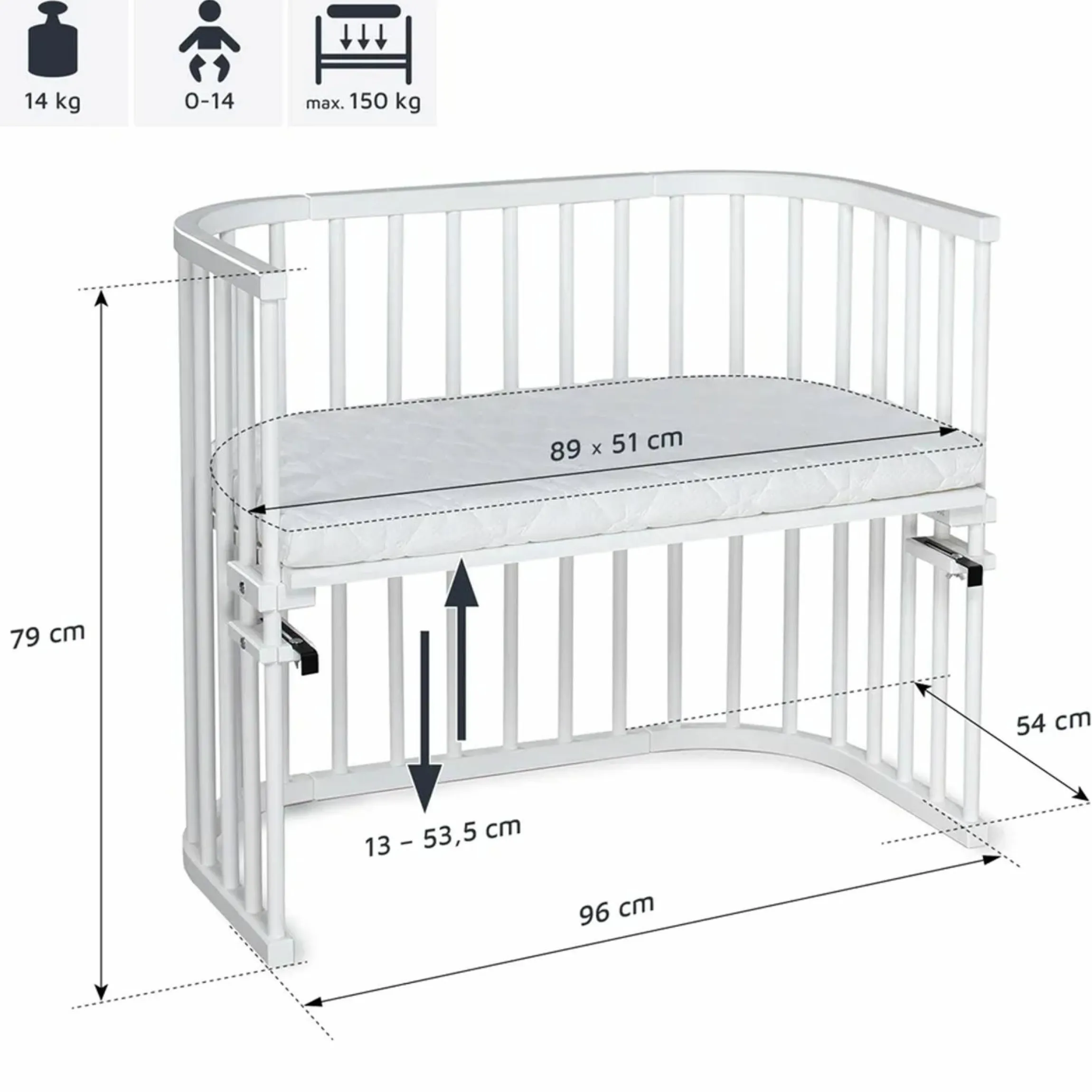 Beistellbett Maxi extra groß - auch für Zwillinge inkl. Gratis Matratze Classic Soft - Weiß lackiert - Kollektion 2024