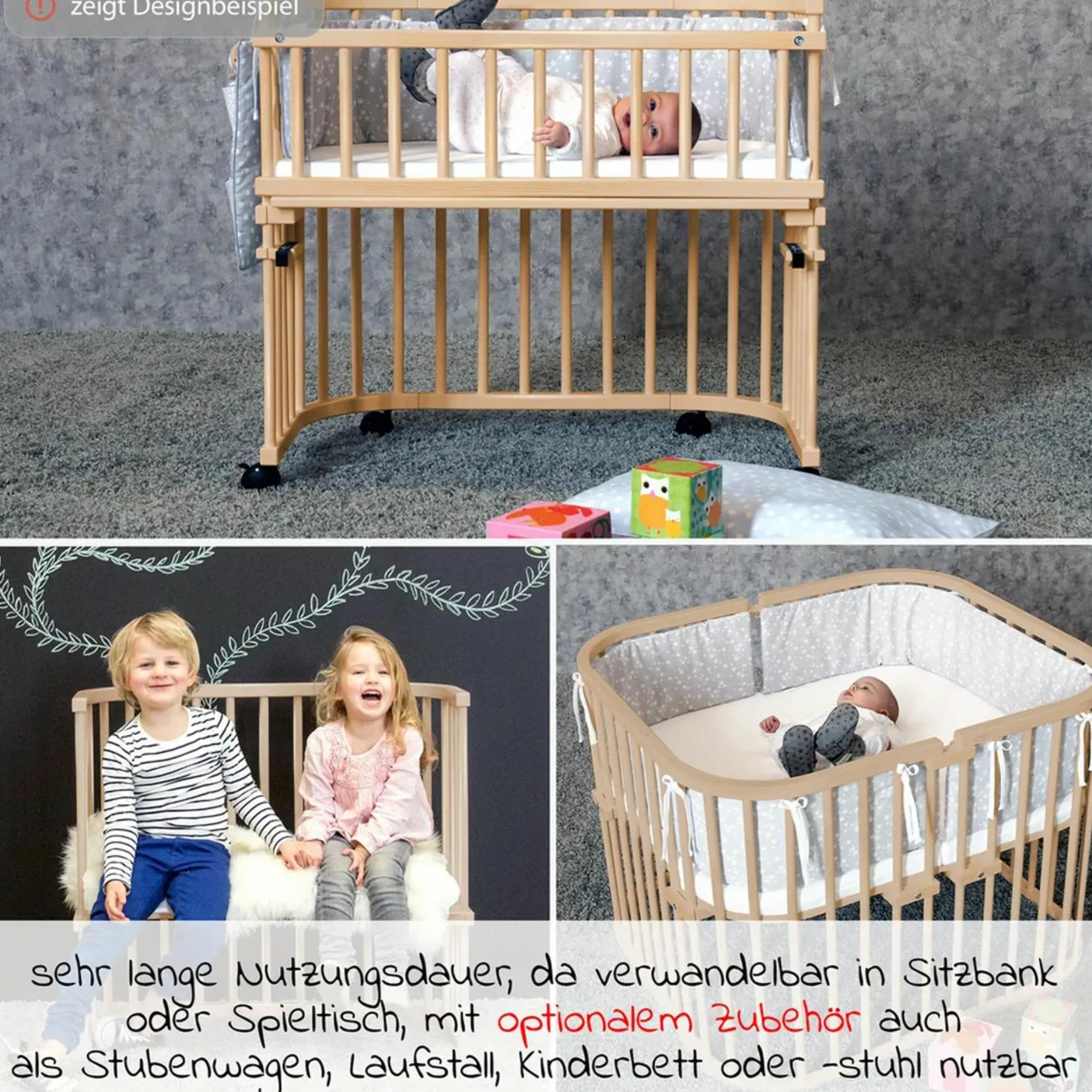 Beistellbett Maxi extra groß - auch für Zwillinge inkl. Gratis Matratze Classic Soft - Weiß lackiert - Kollektion 2024