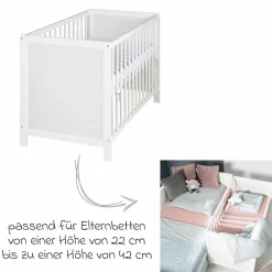 Beistellbett mit safe asleep Matratze, 6-fach höhenverstellbarem Lattenrost & 5 Schlupfsprossen 60 x 120 cm - Universal - Weiß
