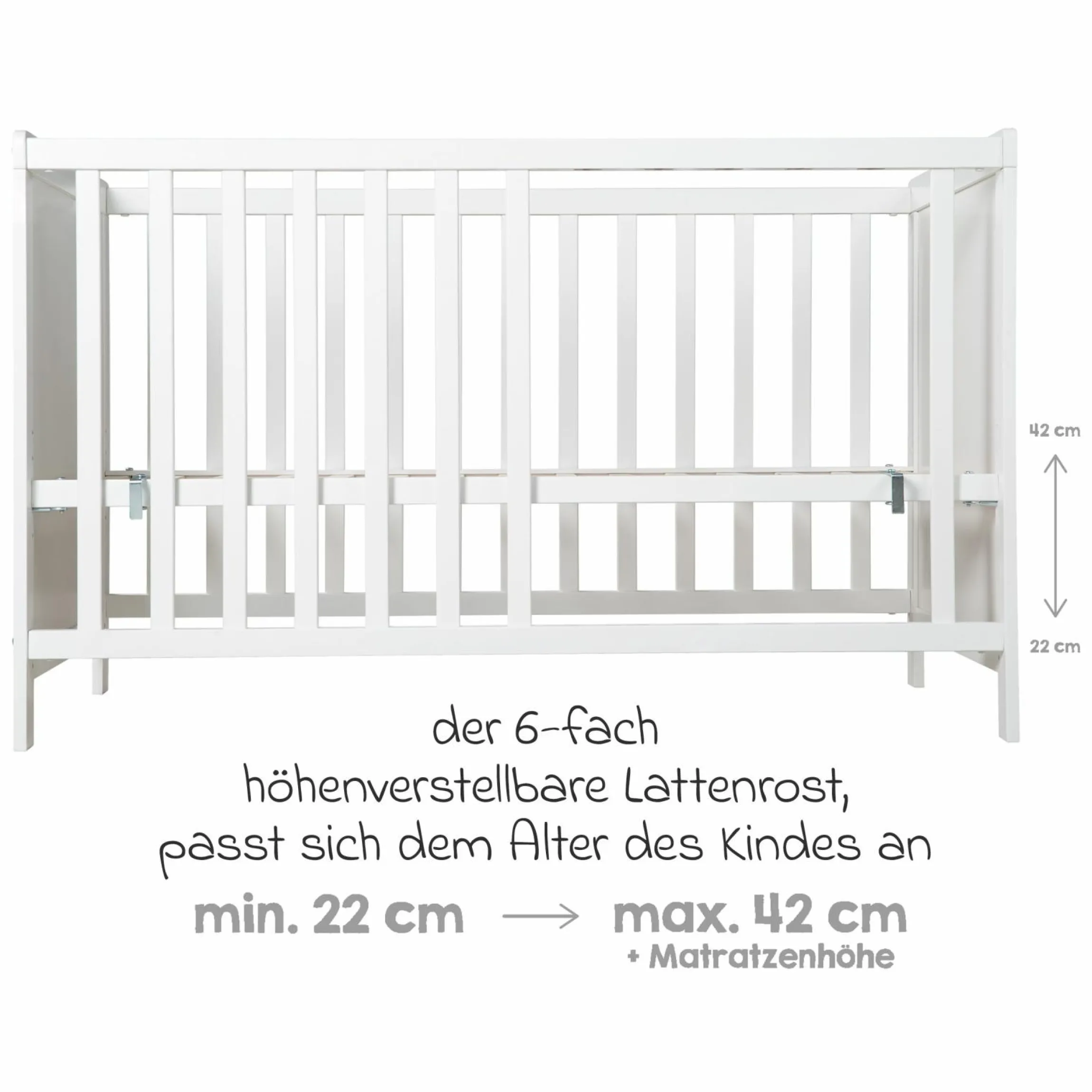 Beistellbett mit safe asleep Matratze, 6-fach höhenverstellbarem Lattenrost & 5 Schlupfsprossen 60 x 120 cm - Universal - Weiß
