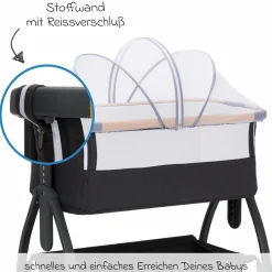 Beistellbett Scandic mit Wippfunktion, höhenverstellbar inkl. Matratze, Innenbezg & Mückennetz - Grau Melange