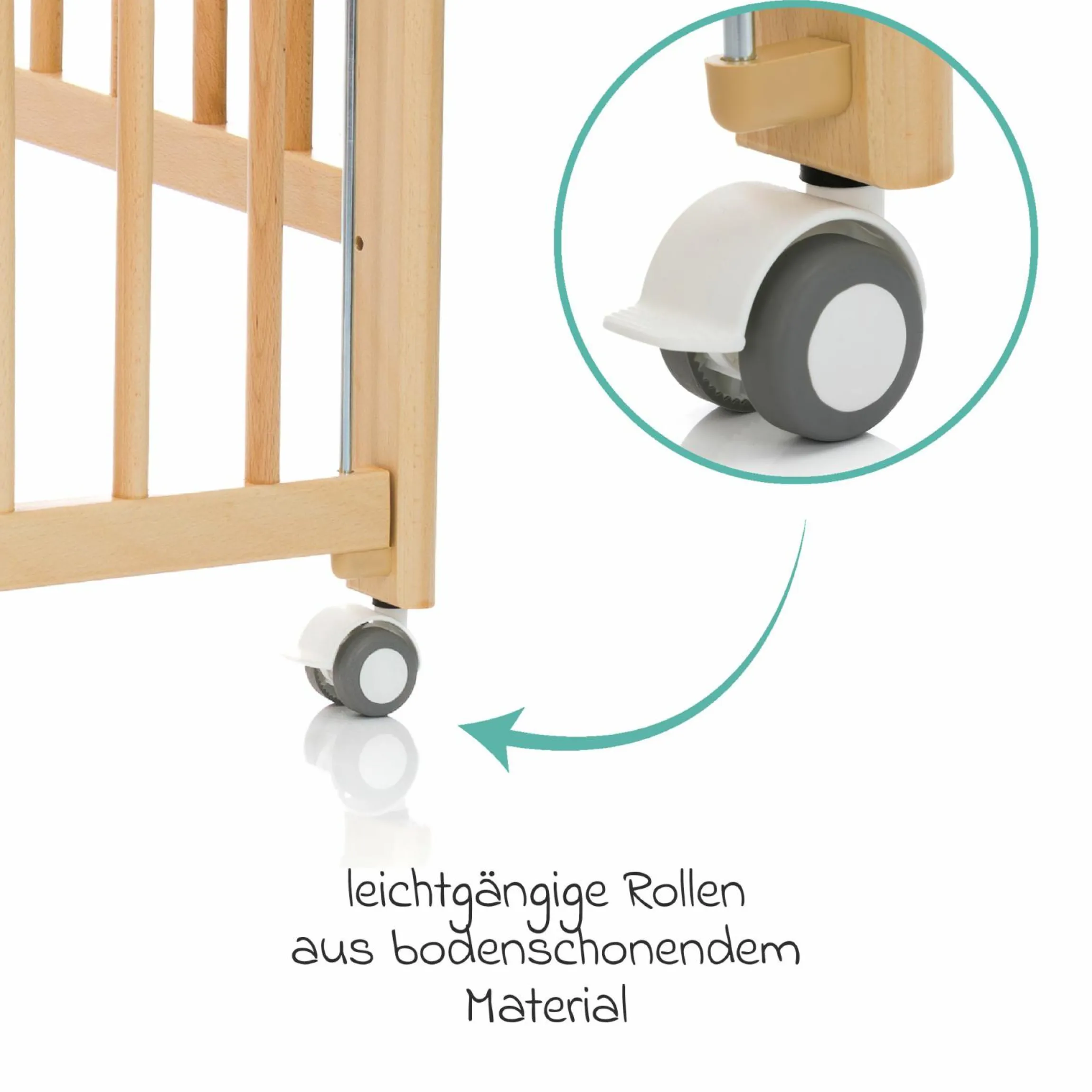 Beistellgitterbett Nena aus massivem Buchenholz mit 4 feststellbaren Rollen 60 x 120 cm - Natur